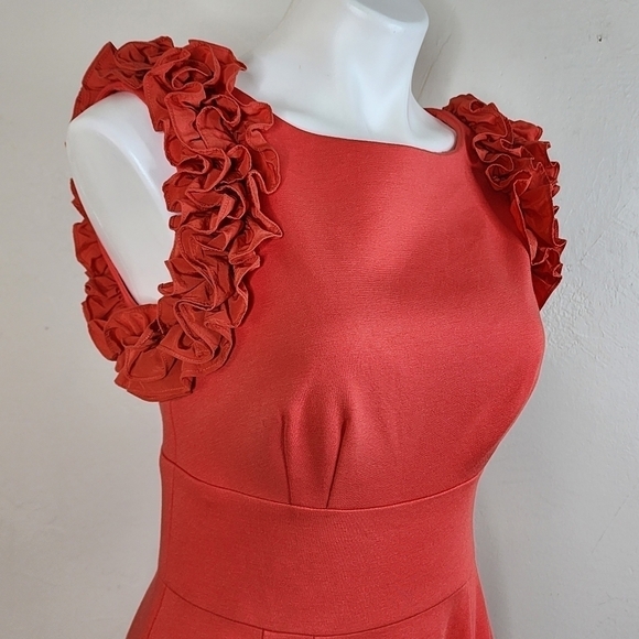 Trina Turk Coral Orange Midi Dress with Ruffle Sleeves Size 10 - Picture 4 of 13